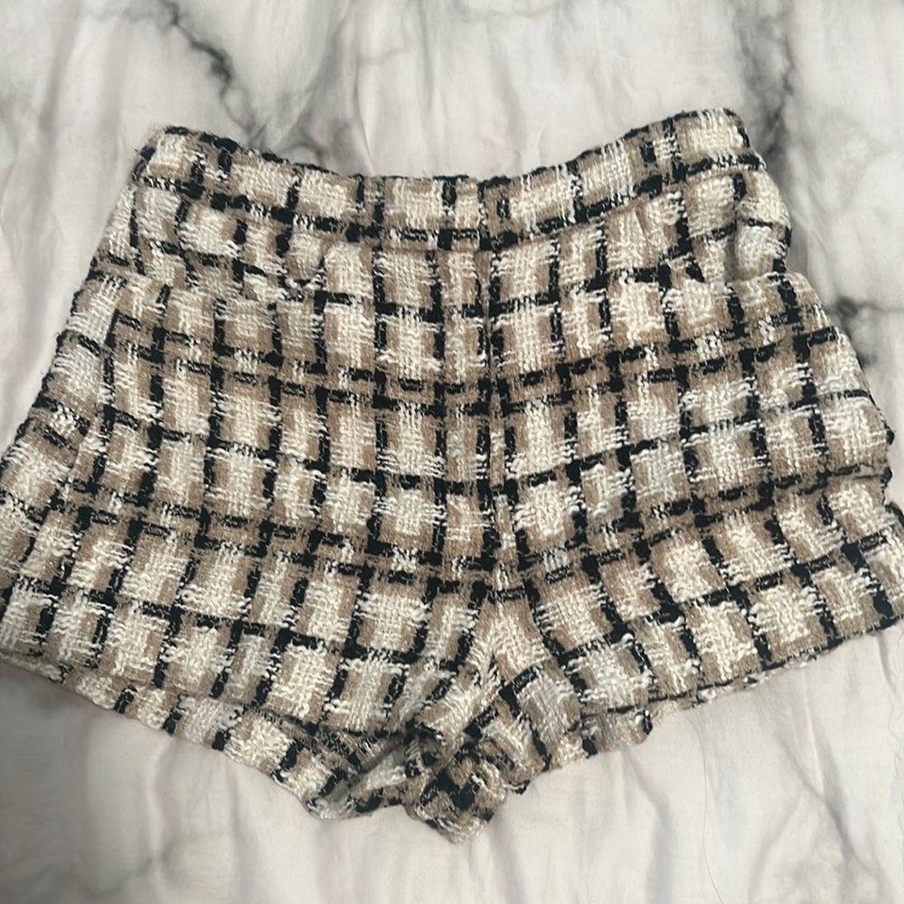 Zara textured weave plaid shorts
